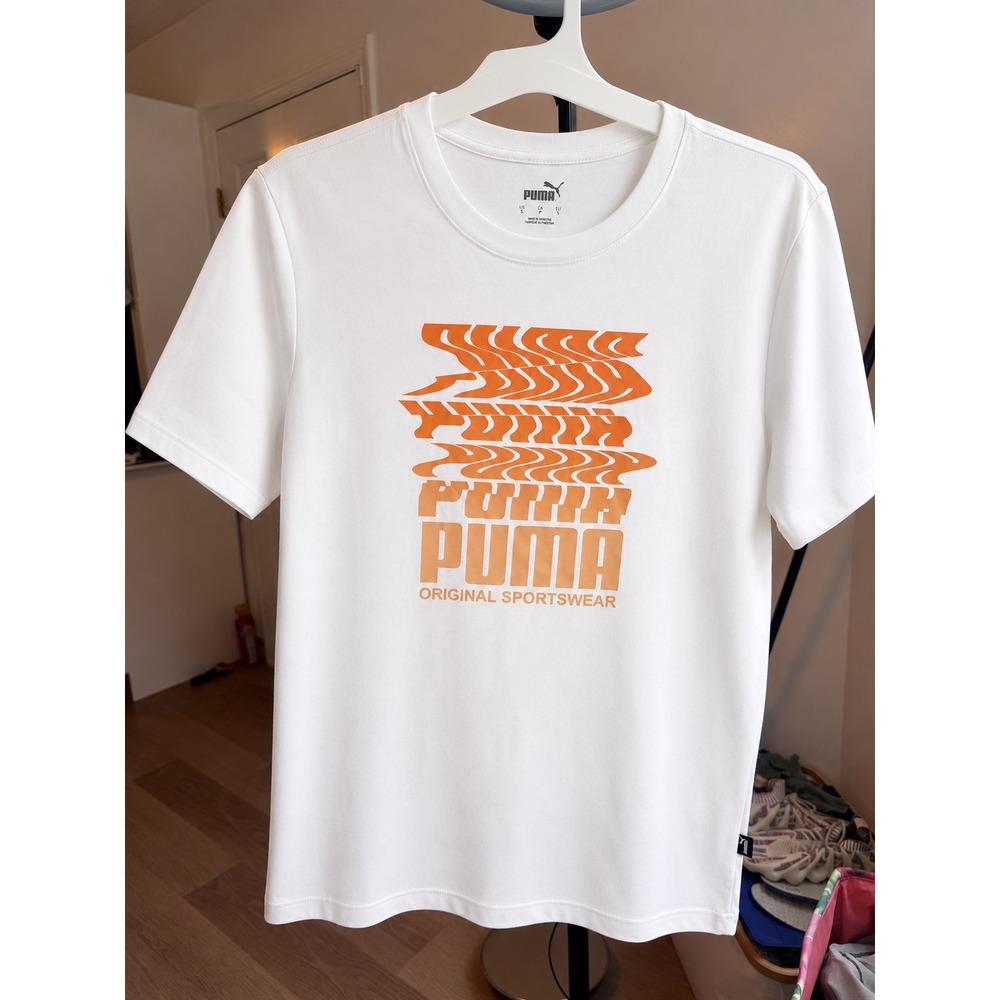 Puma Original Sportswear Graphic T-Shirt Mens Small White Orange Warped Logo Tee